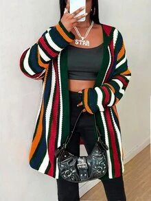 Maweii 大尺碼女款拼色垂直條紋彩色連帽針織外套 - 綠色 - 查看 2