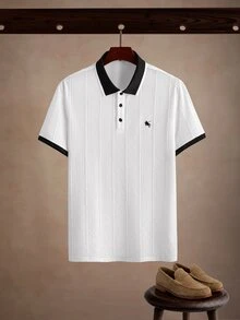 Core Aspect 男士白色提花針織 Polo 衫，標準版型對比領刺繡短袖 Polo 衫，學院風商務休閒日常辦公上衣 - 白色 - 查看 1