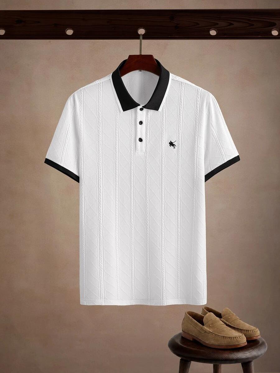 Core Aspect 男士白色提花針織 Polo 衫,標準版型對比領刺繡短袖 Polo 衫,學院風商務休閒日常辦公上衣 - 白色 - 查看 1