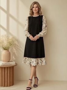 EMERY ROSE Women's Round Neck Patchwork Contrast Color Design Elegant Dress - Black - View 2