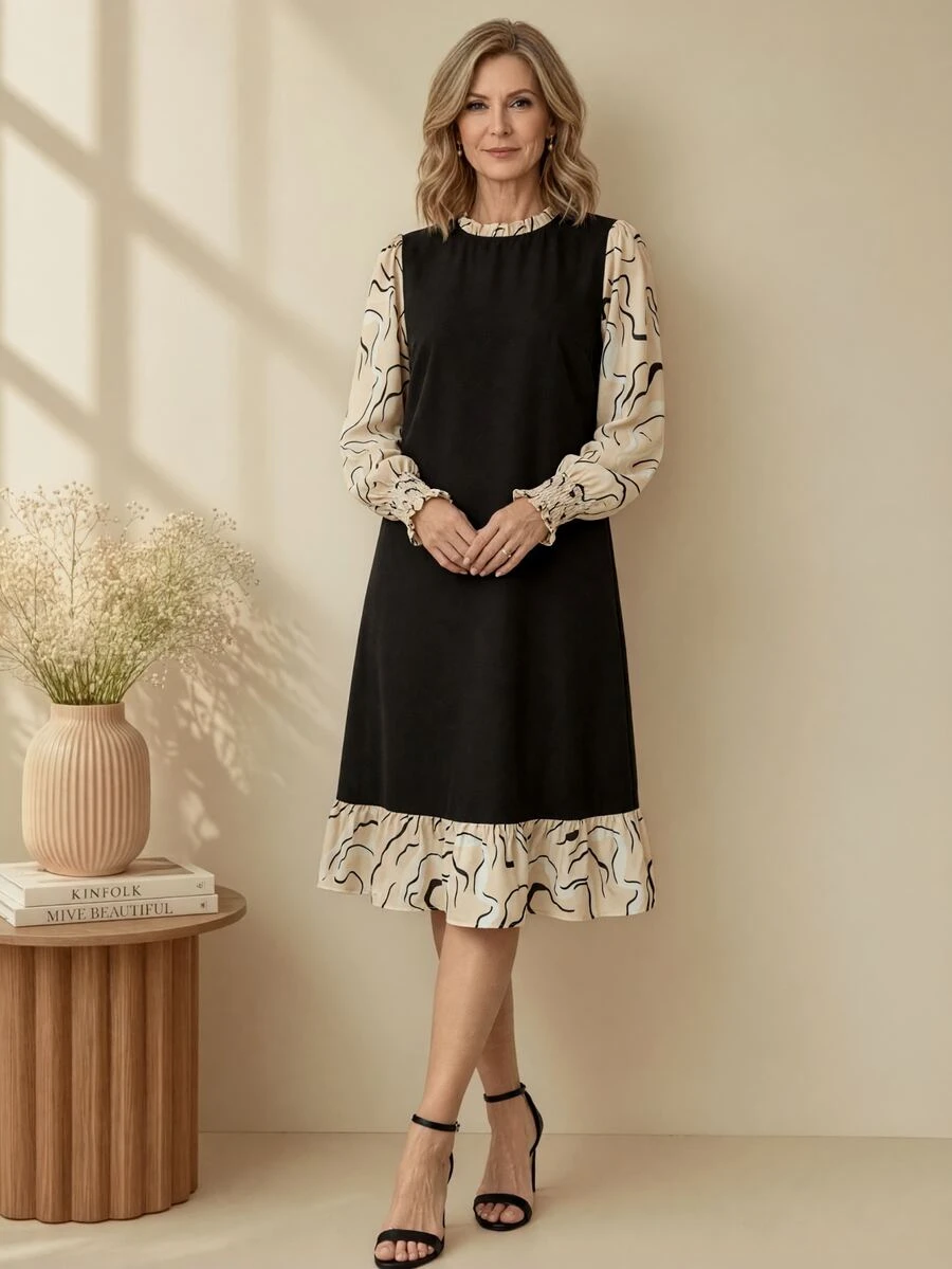 EMERY ROSE Women's Round Neck Patchwork Contrast Color Design Elegant Dress