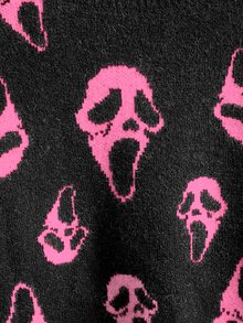ROMWE Dark Gothic Halloween Ghost Face Jacquard Distressed Design Crew Neck Pullover Loose Fit Sweater - Hot Pink - View 4