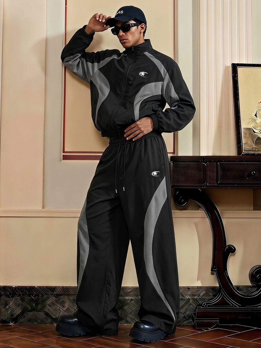 SWAVVY Men's Contrast Color Long Sleeve Five-Point Star Pattern Zipper Front Jacket And Pants Casual Set - Black - View 1