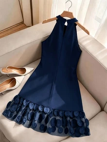 GlowEve CURVE Plus Size Elegant Patchwork 3D Mesh Dress - Navy Blue - View 2