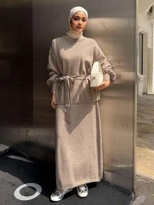 DAZY Women's Minimalist Casual Long Sleeve Sweater 2 Pieces Set - Khaki - View 1
