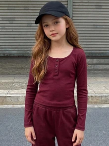 DAZY Tween Girl) Red Fitted Long Sleeve Half-Placket Inner Layer Crew Neck T-Shirt, Autumn - Burgundy - View 4