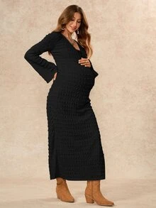 Boho Mama Gaun Hamil Polos Warna Polos dengan Ikatan Depan, Leher V, Lengan Lebar, dan Belahan Samping, Model Kasual untuk Musim Gugur - Hitam - View 7