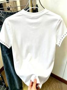 Resyla 女款 T-Shirt，復古藍色花卉印花圖案夏季外出上衣，休閒百搭，日常穿著 - 白色 - 查看 2