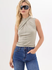 KÆRIA Hus Cross-Drape Sculptural Neck Top - Fluid Lyocell Jersey - Sage Green - Draped, Elegant, Minimalist - Army Green - View 5