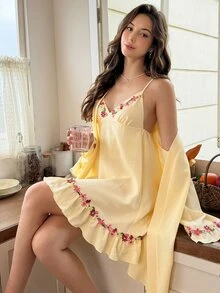 Snug Reverie Floral Embroidery Ruffle Hem Cami Sleep Dress & Belted Robe PJ Set - Yellow - View 6