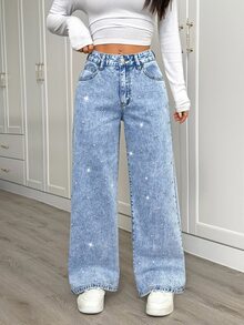 SHEIN PETITE CURVE Celana Jeans Denim Ukuran Besar dengan Saku, Kancing, dan Resleting untuk Musim Gugur/Dingin (Format, Bisnis, Chic, Basic, Goth, Halloween, Natal, Festival) PETITE CURVE Payet dan Rhinestone - Biru - View 3