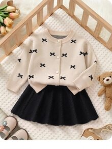 Baby Girl Round Neck Bow Faux Pearl Button Decor Long Sleeve Sweater And Autumn Skirt Set - Khaki - View 3