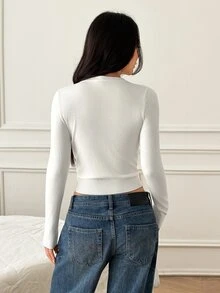 SHEIN PETITE Women's Fashion Versatile Button Long Sleeve Knit Cardigan - White - View 2