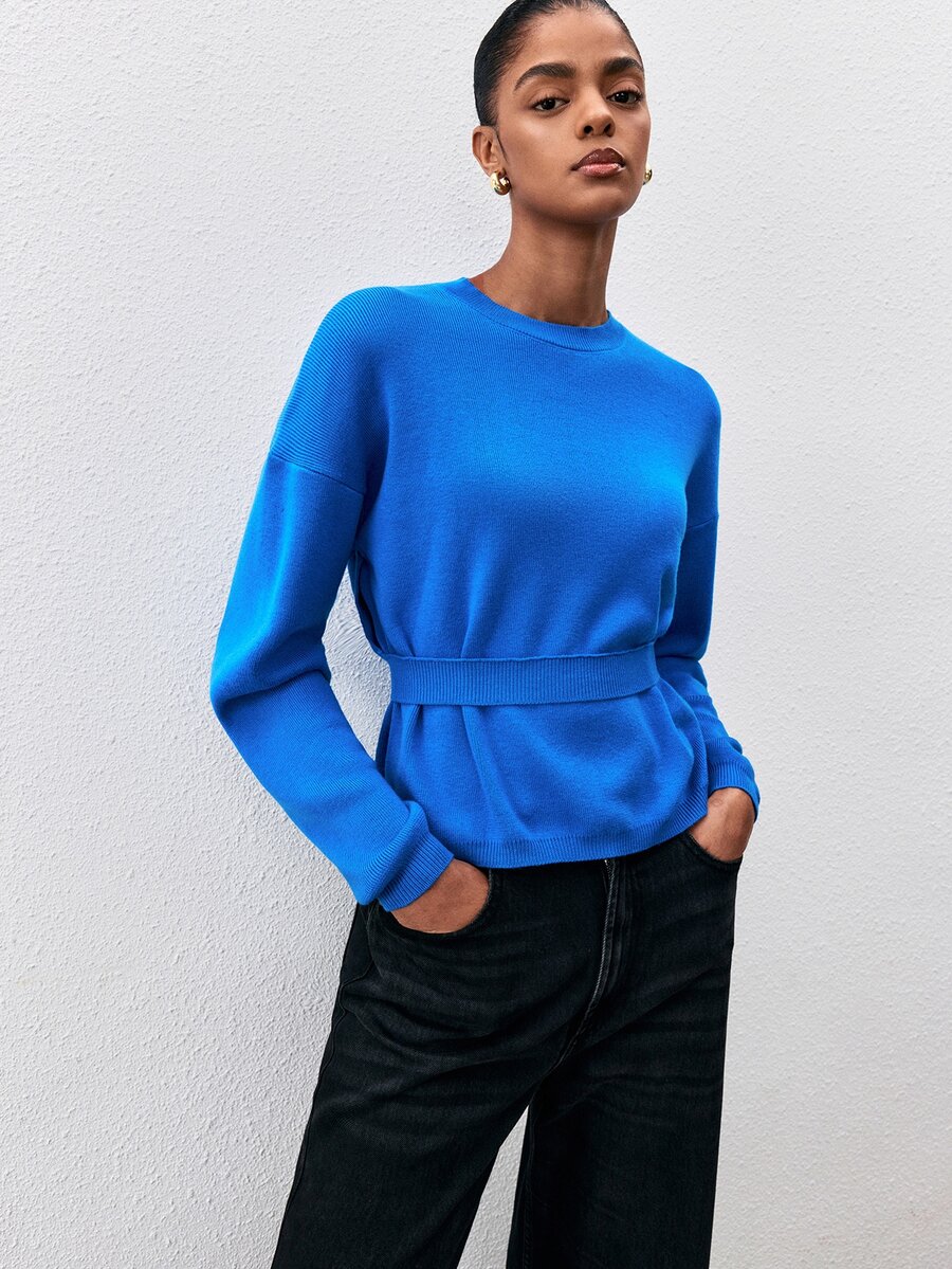 ATUI Studio Minimalist Versatile Round Neck Dropped Shoulder Long Sleeve Waist Horizontal Ribbed Cinched Loose Fit Casual Women's Sweater - Blue - View 1