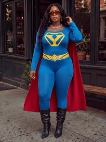 Slaydiva Plus Size Superhero Costume, Blue Long Sleeve Stretch Jumpsuit With Red Cape Cosplay Outfit Fall - Blue - View 4
