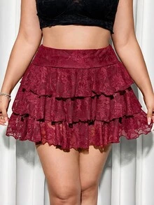 SHEIN ICON 加大短裙 - 酒紅色 - 查看 4