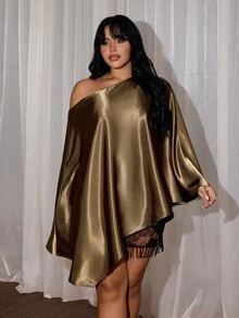 Rustia Plus Size Shiny Asymmetrical Shoulder Loose Fit Blouse, Autumn/Winter - Coffee Brown - View 7