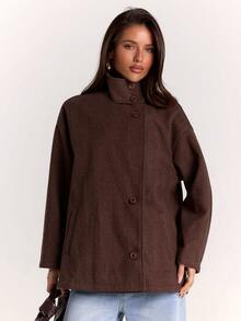 SHEIN BAE Mantel Wanita Polos Kerah Tinggi Kancing Dekorasi Saku Ganda Longgar Kasual Modis - Mocha Brown - View 4