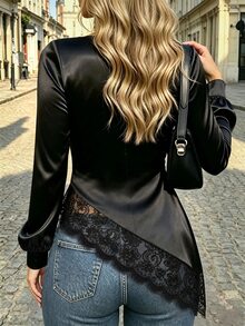 SHEIN PariChic Elegant Romantic Round Neck Asymmetrical Hem Minimalist Daily Wear Commute Vacation Women's Party Blouse - Black - View 2