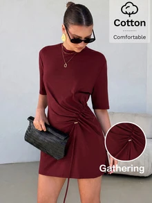 Lavishia 女款優雅修身抓皺寬鬆舒適純棉上衣，適合休閒度假 - 酒紅色 - 查看 1