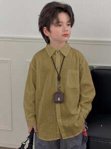 Dazy Kids 男童大童寬鬆休閒長袖秋季基礎襯衫上衣 - 軍綠色 - 查看 2