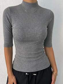 DAZY Women's Solid Color High Neck Casual Daily Wear T-Shirt - Grey - View 2