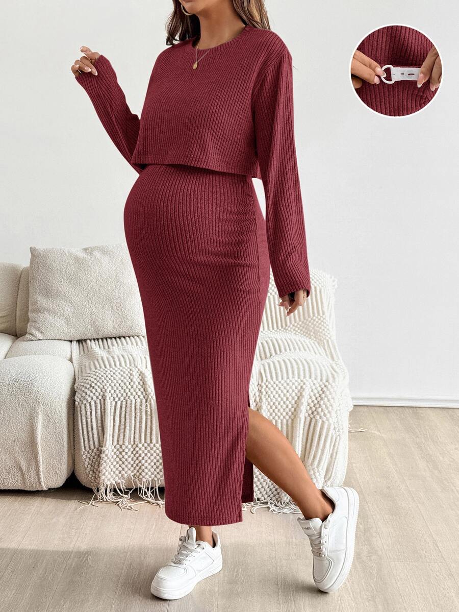 SHEIN Maternity Solid Color Round Neck Short Sleeve Top And Skirt 2 Pieces Set - Burgundy - View 1