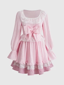 ROMWE Kawaii Autumn/Winter Textured Knit Puff Skirt Short Dress For Women - Pink - View 1