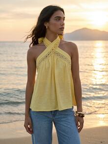 CAJUNI Women's Pleated Casual Versatile Daily Wear Halter Neck Top - Yellow - View 6