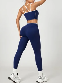 SHEIN Dewbera Women's Colorblock Patchwork Camisole & Leggings Slim Fit Sports Set - Navy Blue - View 2
