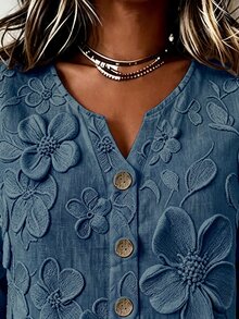 SHEIN Women's Fashion 3D Printed Decorative Button Ruffle Cuff Blouse - Blue - View 5