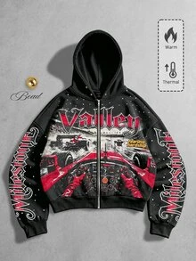ROMWE MEN 2026秋冬新款時尚賽車圖案酷感男士衛衣連帽衫 厚款秋冬風 VALLEY 中性情侶款休閒街頭美式連帽衛衣外套 女款 - 黑色 - 查看 5