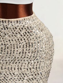 Mistrie Women's High Waist Sequin Skirt - Apricot - View 5