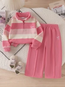 SHEIN 女童 2 件套 秋季白色棕色半拉鍊 T 恤 + 蝴蝶結刺繡寬腿褲，舒適針織面料，寬鬆休閒西式版型，7 歲生日 - 粉色 - 查看 3