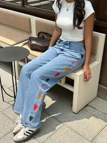 Rivivi Petite 女款鈕扣半開襟雙口袋愛心印花休閒時尚牛仔褲 - 藍色 - 查看 5