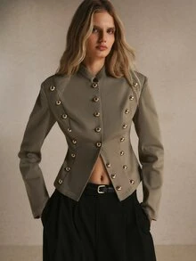 Poéselle Women's Autumn/Winter Studded Asymmetrical Hem Fitted Blazer - Mocha Brown - View 8