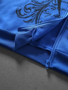ROMWE MEN Men's Dark Rhinestone Gothic Letter Wing Print Loose Sweatshirt Fleece Hooded Sweatshirt - Blue - View 8