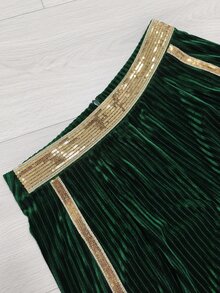 Balvessa Elegant Dark Green Glossy Sequin Trim Patchwork Velvet Textured Wide Leg Women's Long Pants For Autumn/Winter Party - Multicolor - View 9