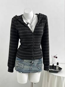 SHEIN LUNE 女款黑色灰色羅紋拉鍊連帽短款衛衣，休閒頹廢風寬鬆長袖上衣，冬季外套，正式畢業場合適用 - 黑色 - 查看 1