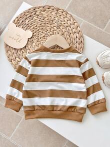 SHEIN Playful Pals 2pcs Baby Boy Sweatshirt + Pants Set Cute Brown Tan Striped Bear Print Ribbed Long Sleeve Round Neck Regular Outdoor Party Fall Halloween Holiday Top - Khaki - View 2