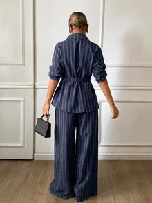 DAZY Women's Striped Collared Long Sleeve Shirt And Loose Straight Leg Pants Casual 2 Pieces Set - Navy Blue - View 2