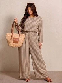 Elaquor Plus Size Striped Long Sleeve Top And Loose Pants 2 Pieces Set Vacation Beige Fall Casual Matching Casual Daily Going Out Dress For Women Fall/Winter - Mocha Brown - View 6