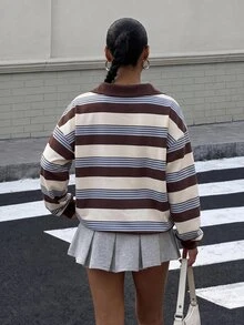 Muchica 秋季新款學院風彩色條紋女款 Polo 領長袖寬鬆衛衣，厚實面料，適合秋冬穿著 - 彩色 - 查看 2