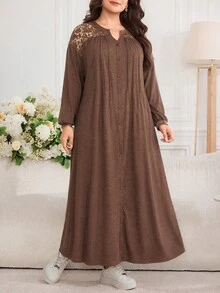 Al Najma Gaun Arab Elegan Lengan Panjang Kancing Tunggal dengan Renda Kontras untuk Wanita Ukuran Plus - Coffee Brown - View 6