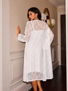 Slumberist Lace Panel Cami Sleep Dress & Robe Pajama Set - White - View 2