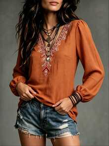 SHEIN Women's Casual Loose Design Button-Down Long Sleeve Shirt With V-Neck And Geometric Embroidery Pattern, Suitable For Dates, Vacations, Parties, Daily Outings, Gatherings, Outdoor Activities - Orange - View 5