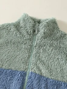 SHEIN 兒童小男孩秋冬款毛絨拼色立領夾克外套，男童夾克大衣，毛絨夾克，綠色夾克，秋冬夾克 - 彩色 - 查看 6
