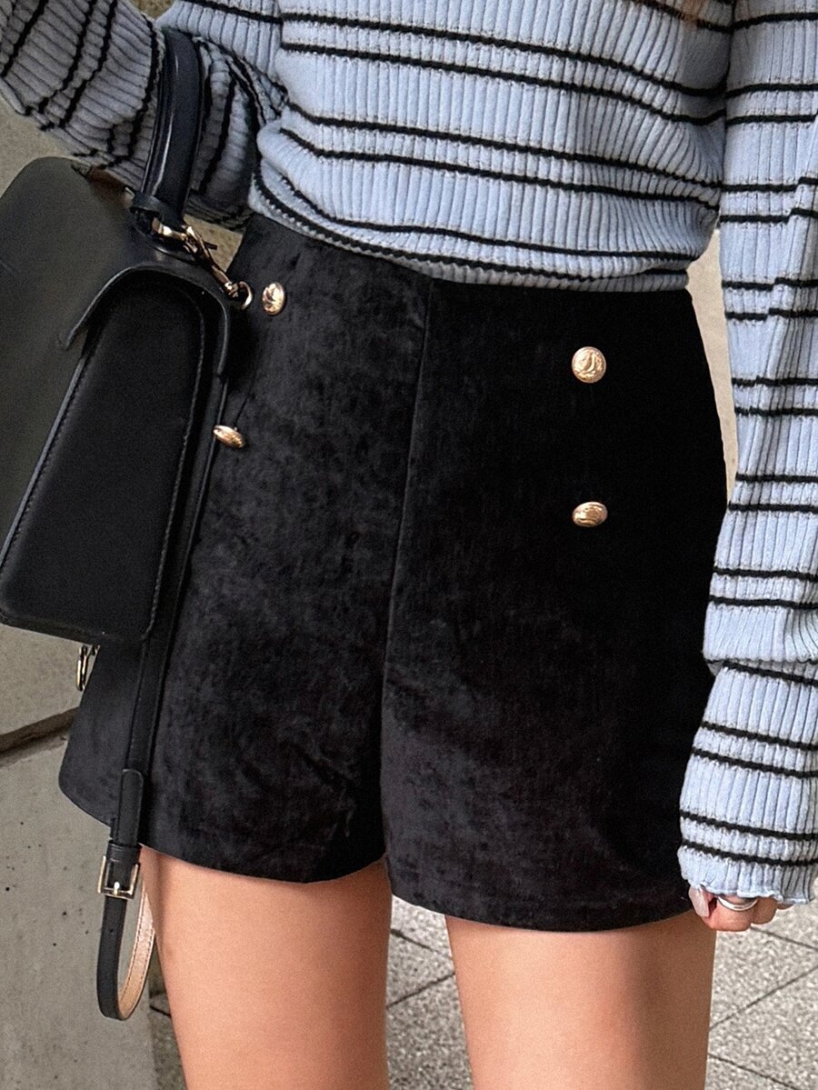 FRIFUL Women's Casual Commute Button Design Shorts - Black - View 1