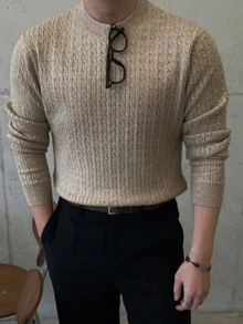 DAZY Autumn/Winter Khaki Cable Knit Fitted Crew Neck Ribbed Cuff & Hem Korean Style Men's Sweater - Khaki - View 6