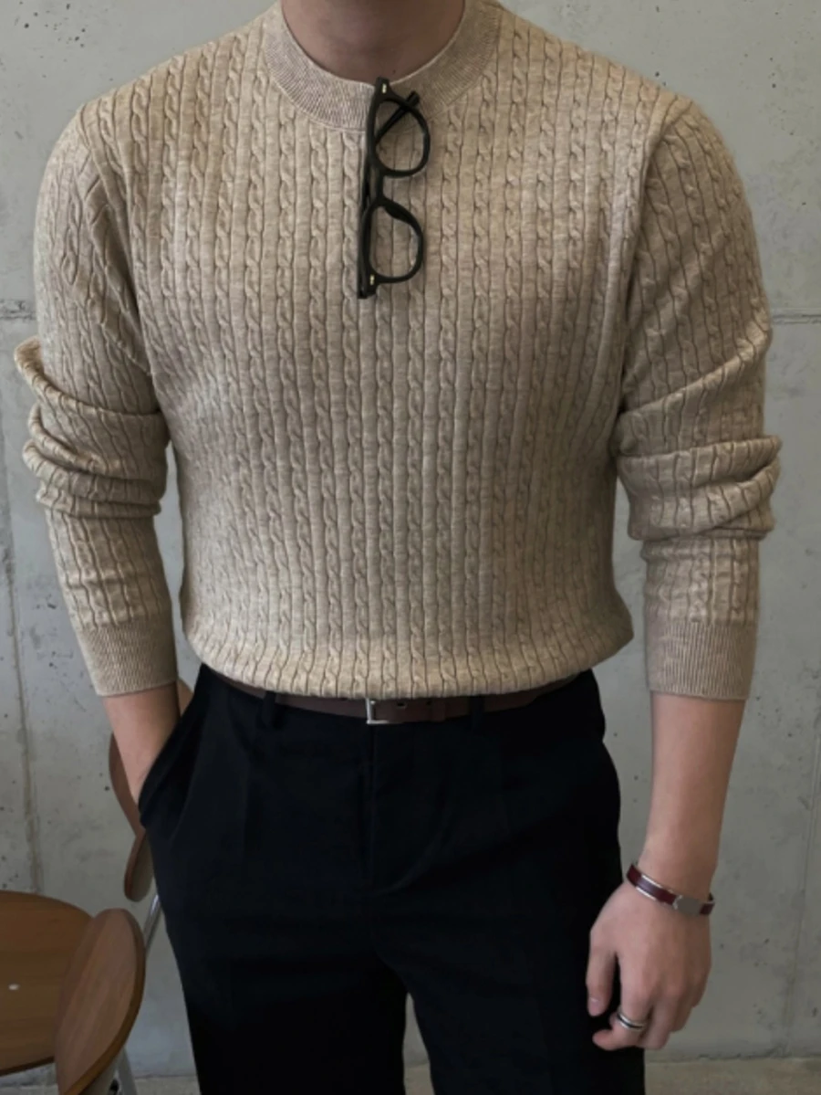 DAZY Sweater Pria Gaya Korea Warna Khaki Rajut Kabel Musim Gugur/Dingin, Kerah Bulat Pas Badan, Manset dan Ujung Bawah Bergaris - Khaki - View 1